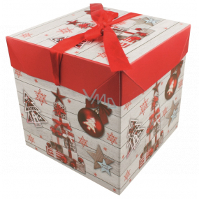 Darčeková krabička skladacia s mašľou Vianočné s darčekmi a ozdobami 16,5 x 16,5 x 16,5 cm