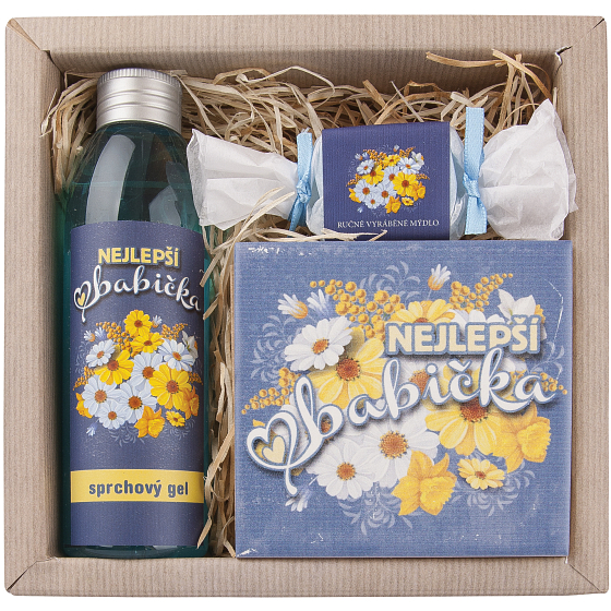Bohemia Gifts Pre babičku sprchový gél 200 ml + ručne vyrábané mydlo 30 g + dekoračné Kachlík 10 x 10 cm, kozmetická sada