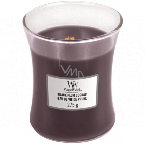 Woodwick Black Plum Cognac - Koňak z čiernych sliviek vonná sviečka s dreveným knôtom a viečkom sklo stredná 275 g