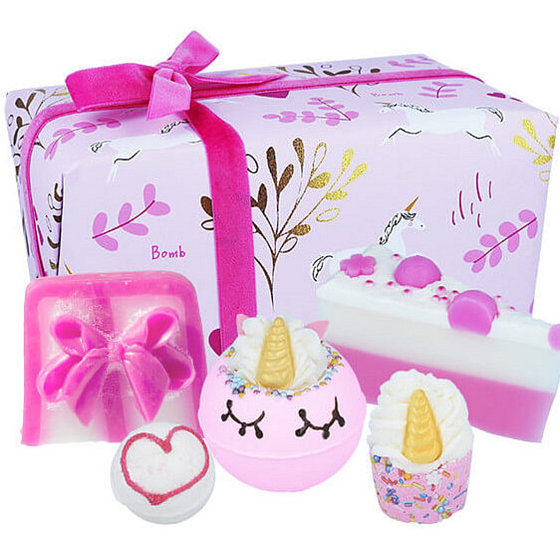 Bomb Cosmetics Unicorn Sparkle šumivý balistický kúpeľ 160 g + glycerínové mydlo 2 x 100 g + malá loptička do kúpeľa 30 g + podložka do kúpeľa 50 g, kozmetická sada