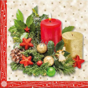 Aha Papierové obrúsky 3 vrstvy 33 x 33 cm 20 kusov Vianočná červená, zlatá sviečka, borovicové ihličie