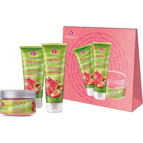 Dermacol Aroma Ritual Rebarbora a Jahody Svieži sprchový gél 250 ml + telové mlieko 200 ml + telový peeling 200 g, kozmetická sada