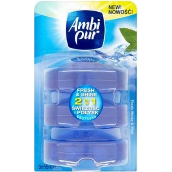 Ambi Pur Fresh & Shine 2v1 Fresh Water & Mint toaletný blok náplň 3 x 55 ml