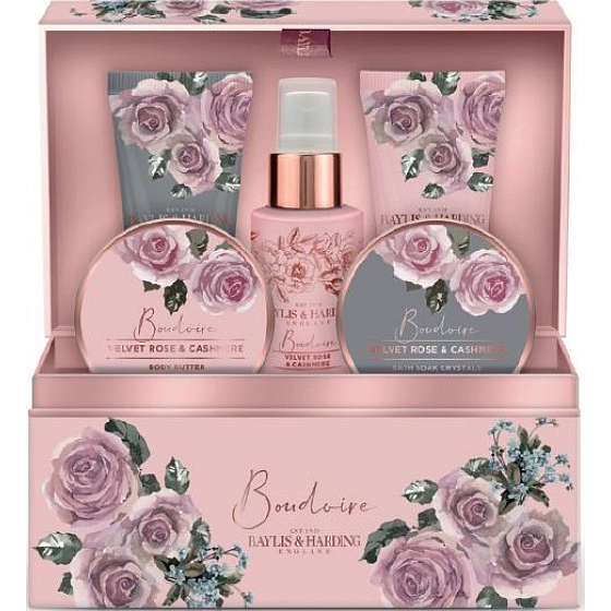 Baylis & Harding Zamatová ruže a Kašmír telový sprej 100 ml + telové maslo 100 ml + soľ do kúpeľa 100 g + sprchový krém 50 ml + umývací gél 50 ml + šperkovnice, kozmetická sada