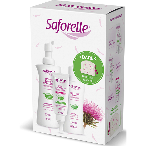 Saforelle Jemný umývací gél na intímnu hygienu a hygienu celého tela 100 ml + Ultra jemná čistiaca pena 250 ml + krém 40 ml + taštička, kozmetická sada