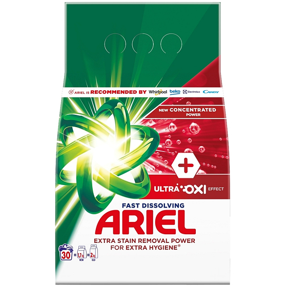 Ariel Ultra Oxi Effect prací prášok na odstránenie škvŕn a extra hygienu 30 dávok 1,65 kg