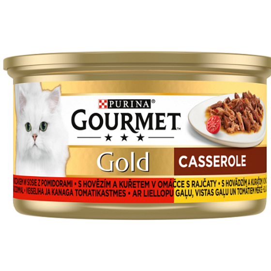Gourmet Gold Paštéta s hovädzím mäsom, kuracím mäsom a paradajkami v konzerve pre dospelé mačky 85 g