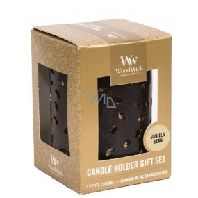 Woodwick Vanilla Bean - Vanilkový struk vonná sviečka s dreveným knôtom petite 3 x 31 g + Žiariace list svietnik, darčekový set