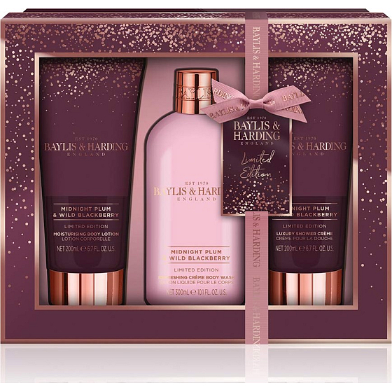 Baylis & Harding Polnočná slivka a Divoká ostružina umývací gél 300 ml + sprchový krém 200 ml + telové mlieko 200 ml, kozmetická sada