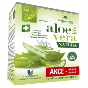 Pharma Activ AloeVeraLife Natura obsahuje 99,5% šťavu z aloe, pre podporu obranyschopnosti, doplnok stravy 2 x 1000 ml, sada
