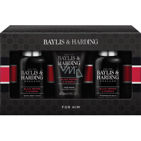 Baylis & Harding Men Čierne korenie a Ženšen umývací gél na telo a vlasy 100 ml + balzam po holení 100 ml + umývací gél na tvár 50 ml, kozmetická sada