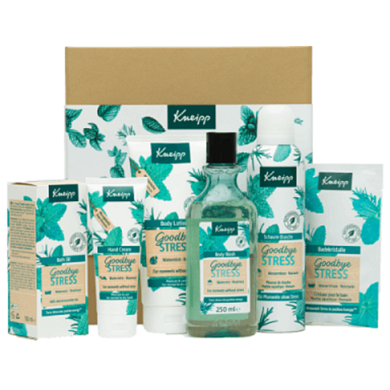 Kneipp Goodbye Stress olej do kúpeľa 100 ml + telové mlieko 200 ml + krém na ruky 75 ml + soľ do kúpeľa 60 g + sprchová pena 200 ml + sprchový gél 250 ml, kozmetická sada