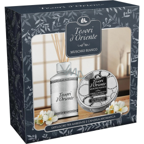 Tesori d Oriente Muschio Bianco aróma difuzér s tyčinkami na postupné uvoľňovanie vône 250 ml + vonná sviečka v plechovej krabičke 109 g, darčeková súprava pre ženy