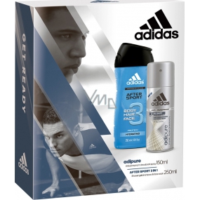 Adidas adiPURE antiperspirant deodorant sprej pre mužov 150 ml + After Sport 3v1 sprchový gél na telo, tvár, vlasy 250 ml, kozmetická sada