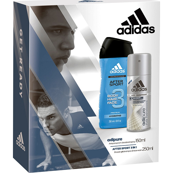 Adidas adiPURE antiperspirant deodorant sprej pre mužov 150 ml + After Sport 3v1 sprchový gél na telo, tvár, vlasy 250 ml, kozmetická sada