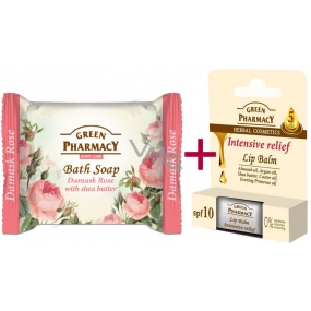 Green Pharmacy Intensive Relief 5 Oils balzam na pery 2 x 3,6 g + toaletné mydlo Damask Rose a bambucké maslo 100 g, kozmetická súprava