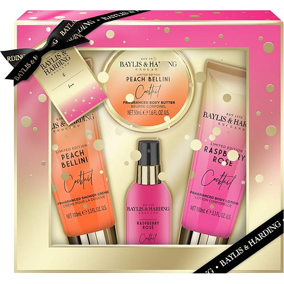 Baylis & Harding Koktejlová hodina Broskyňové Bellini sprchový krém 100 ml + Malinová ruže telové mlieko 100 ml + Malinová ruže telový sprej 50 ml + Broskyňové Bellini telové maslo 50 ml, kozmetická sada