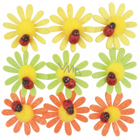 Kvetinky samolepiace s glitrami a lienkou 4 cm 9 kusov