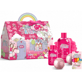 Grace Cole Glitter Fairies farebné pastelky + šumivé gule do kúpeľa 2 x 100 g + umývací gél 50 ml + pena do kúpeľa 300 ml + špongia, kozmetická súprava pre deti