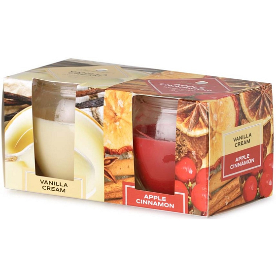 Emocio Vanilla Cream & Apple Cinnamon - Vanilkový krém a jablková škorica - vonná sviečka sklo 65 x 63 mm 2 kusy v škatuľke