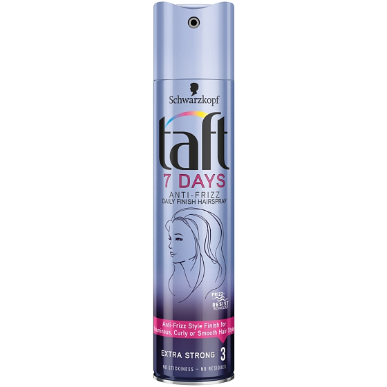 Taft 7 Days Anti-Frizz pre účes bez krepatenia extra silná fixácia 3 lak na vlasy 250 ml