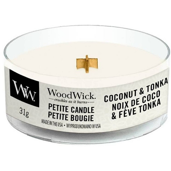 Woodwick Coconut & Tonka - Kokos a tonka boby vonná sviečka s dreveným knôtom petite 31 g