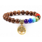 Čakrový náramok Strom života + drevo, elastický, guľôčka 8 mm / 16 - 17 cm