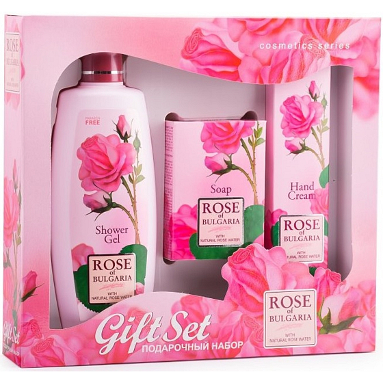 Rose of Bulgaria sprchový gél s ružovou vodou 330 ml + toaletné mydlo s ružou 100 g + krém na ruky s ružovou vodou 75 ml, kozmetická sada pre ženy