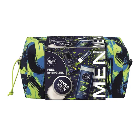 Nivea Men Feel Energized Creme krém na tvár, telo a ruky 150 ml + Nivea Men Deep Sport antiperspirant roll-on 50 ml + Nivea Men Energy sprchový gél 250 ml + Labello Men Active balzam na pery 4,8 g + kozmetická etue, kozmetická sada pre mužov