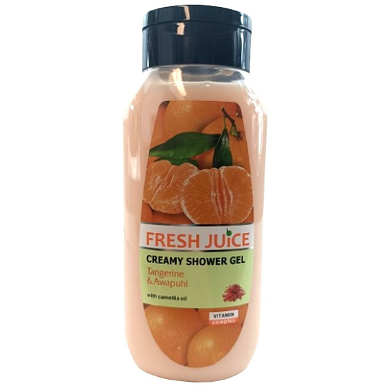 "Krémový sprchový gel Fresh Juice Mandarinka & Havajský zázvor Awapuhi, 400 ml. Jemný sprchový gel s osvěžující vůní mandarinky a exotického havajského zázvoru Awapuhi, který zanechává pokožku hladkou a svěží.