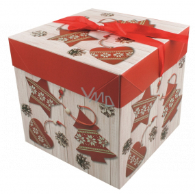 Darčeková krabička skladacia s mašľou Vianočný s červenými ozdobami 16,5 x 16,5 x 16,5 cm