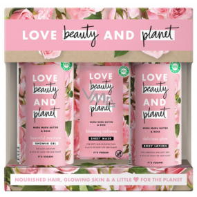 Love Beauty & Planet Murumur Butter and Rose sprchový gél 400 ml + telové mlieko 400 ml + textilná maska na tvár 21 ml, kozmetická sada pre ženy