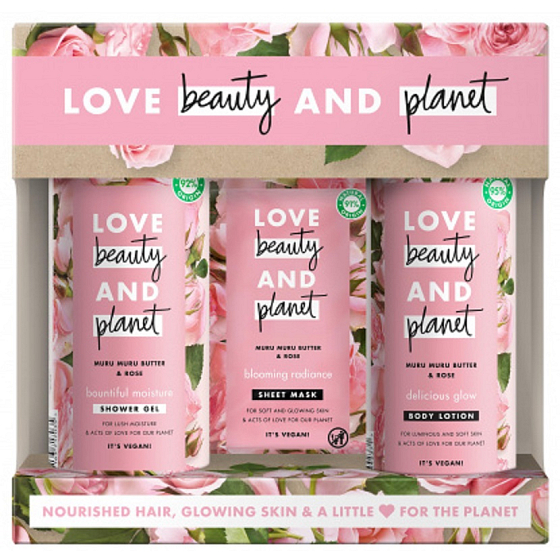 Love Beauty & Planet Murumur Butter and Rose sprchový gél 400 ml + telové mlieko 400 ml + textilná maska na tvár 21 ml, kozmetická sada pre ženy