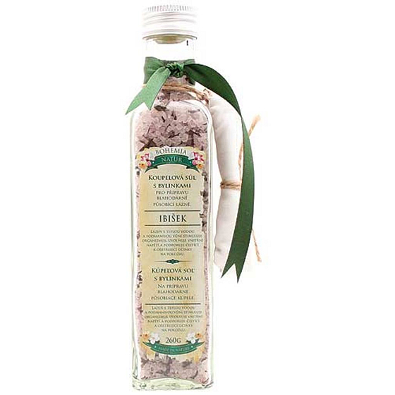 Bohemia Gifts Ibištek relaxačná soľ do kúpeľa s filtračným vreckom 260g sklenený obal