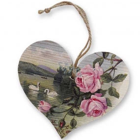 Bohemia Gifts Drevené dekoračné srdce s potlačou Ruže a labute 13 cm