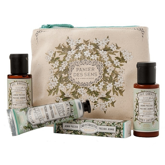 Panier des Sens Jazmín sprchový gél 50 ml + telové mlieko 50 ml + toaletná voda 3,5 ml + krém na ruky 30 ml + taštička, cestovná kozmetická sada