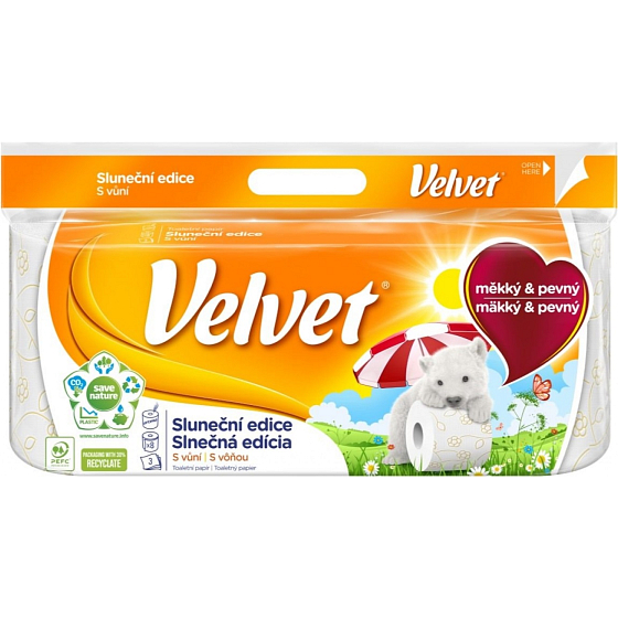 Velvet Sunshine edition jemný biely toaletný papier s kvetinovou potlačou a vôňou 3 vrstvy 8 ks