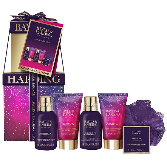 Baylis & Harding Fig and Pomegranate shower gel 100 ml + sprchový krém 100 ml + telové mlieko 50 ml + krém na ruky 50 ml + kryštály do kúpeľa 25 g + špongia, kozmetická sada pre ženy