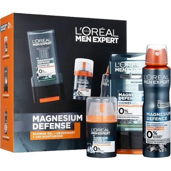 Loreal Paris Men Expert Magnesium Defence sprchový gél 300 ml + dezodorant v spreji 150 ml + hydratačný krém pre citlivú pokožku 50 ml, kozmetická sada pre mužov