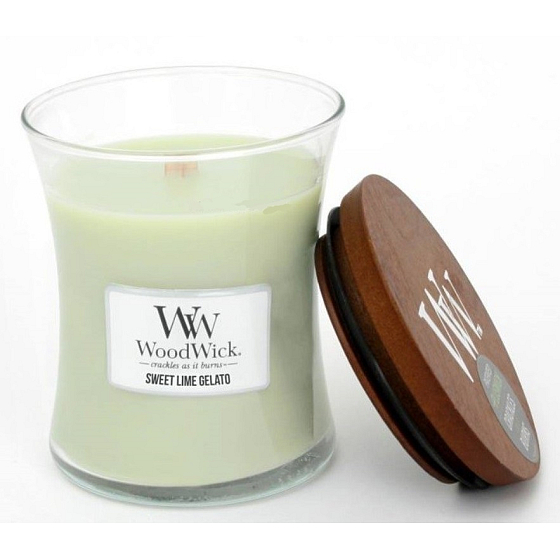 Woodwick Sweet Lime Gelato - Sladká zmrzlina vonná sviečka s dreveným knôtom a viečkom sklo stredná 275 g