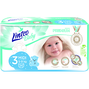 Linteo Baby Premium Midi detské plienky 5 až 9 kg, 54 ks