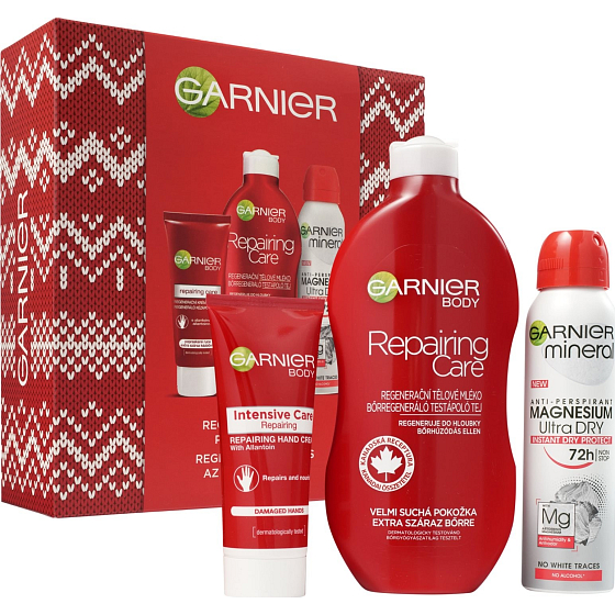 Garnier Body Intensive Repair Box regeneračné telové mlieko 400 ml + Mineral Magnesium Ultra Dry 72h antiperspirant sprej 150 ml + krém na ruky 100 ml, kozmetická sada