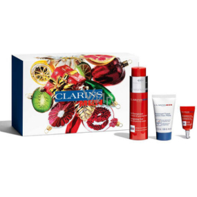 Clarins Men Energizing Essentials energizujúci gél na tvár 50 ml + čistiaci penivý gél 30 ml + energizujúci očný gél-krém proti známkam únavy 3 ml + kozmetická taška, kozmetická sada pre mužov