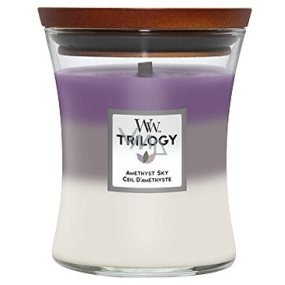 WoodWick Trilogy Amethyst Sky vonná sviečka s dreveným knôtom a skleneným viečkom stredná 275 g