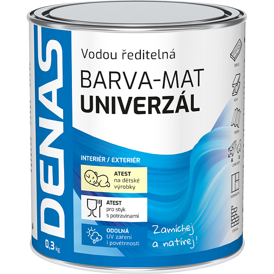 DENAS UNIVERZÁL-MAT vrchná farba na drevo, kov a betón, 0100 biela, 0,3 kg
