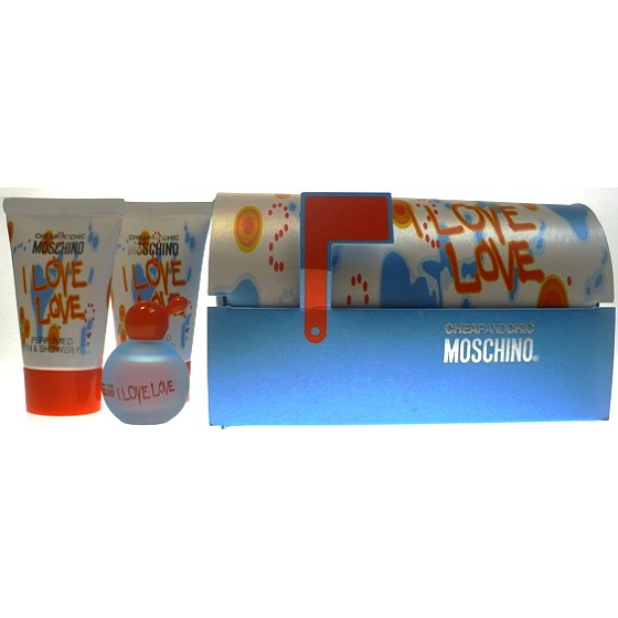 Moschino I Love Love toaletná voda 4,9 ml + telové mlieko 25 ml + sprchový gél 25 ml, darčeková sada