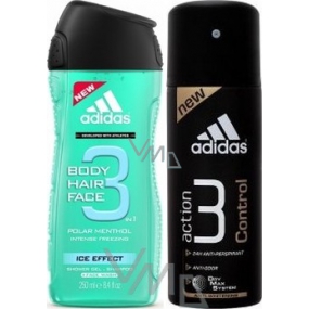 Adidas Ice Effect 3v1 sprchový gél na telo, vlasy a tvár pre mužov 250 ml + 3 Control antiperspirant dezodorant sprej 150 ml, kozmetická sada