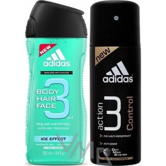 Adidas Ice Effect 3v1 sprchový gél na telo, vlasy a tvár pre mužov 250 ml + 3 Control antiperspirant dezodorant sprej 150 ml, kozmetická sada
