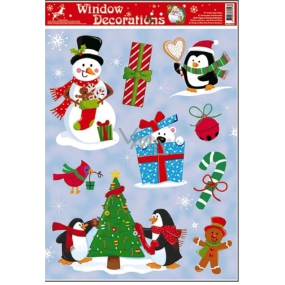 Okenné fólie bez lepidla vianočné motívy uprostred modrý darček 42 x 30 cm