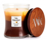 Woodwick Trilogy Cafe Sweets - Sladkosti ku káve vonná sviečka s dreveným knôtom a viečkom sklo stredná 275 g